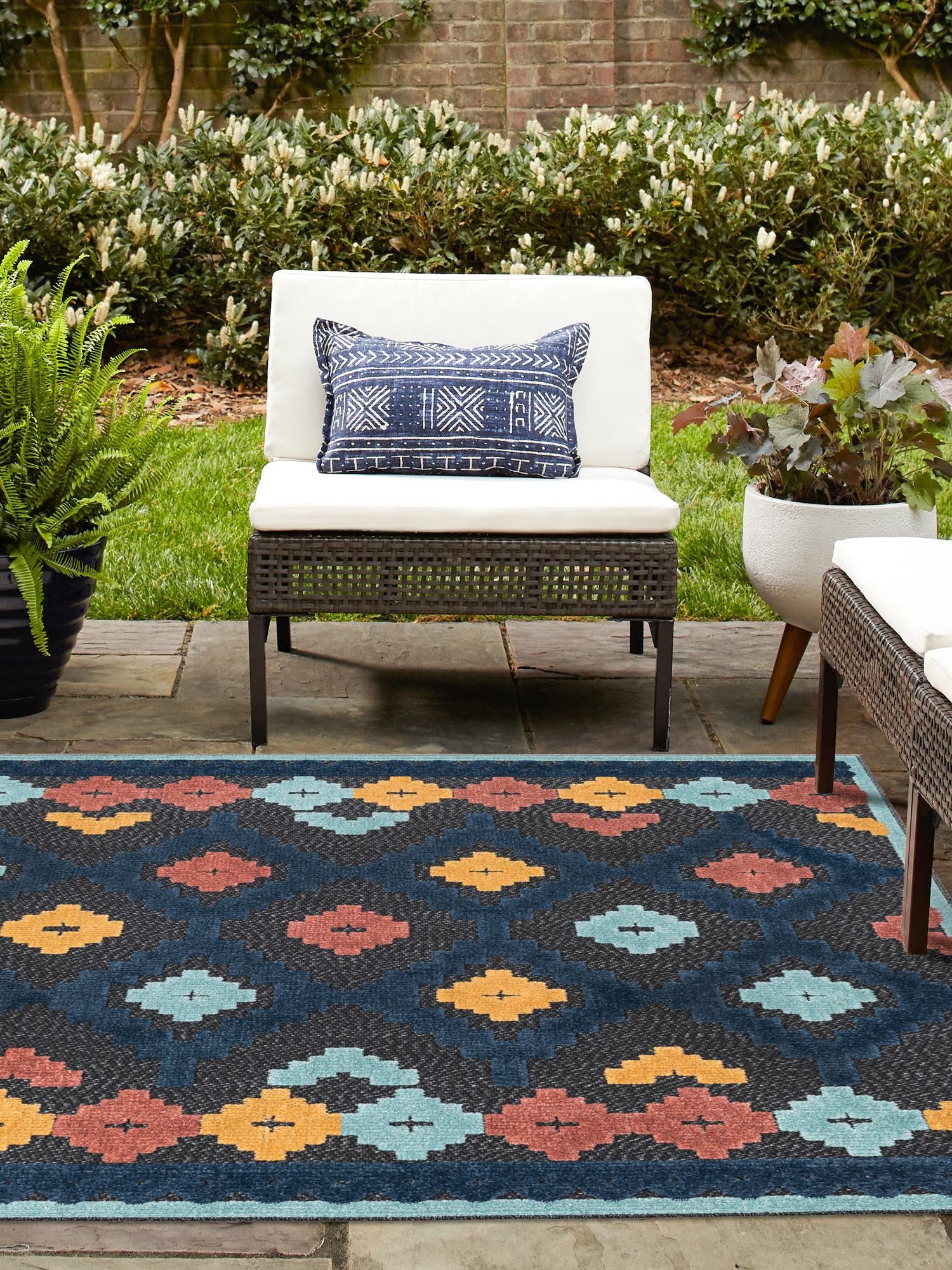 Charcoal 7' 10 x 7' 10 Belize Outdoor Square Area Rug Weather Resistant for Patio, Deck, Terrace, Balcony, Porch 100% Polypropylene Colorful Fun Coastal Modern Carpet for Outside for Sale at Rug Engine