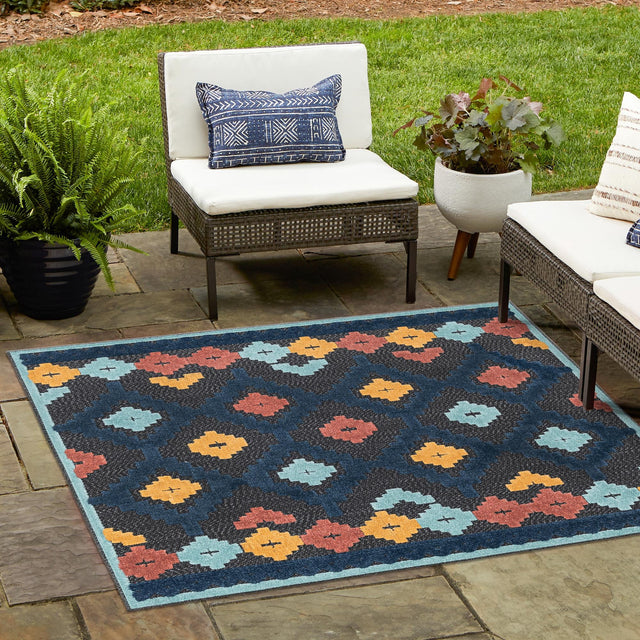 Charcoal 7' 10 x 7' 10 Belize Outdoor Square Area Rug Weather Resistant for Patio, Deck, Terrace, Balcony, Porch 100% Polypropylene Colorful Fun Coastal Modern Carpet for Outside for Sale at Rug Engine