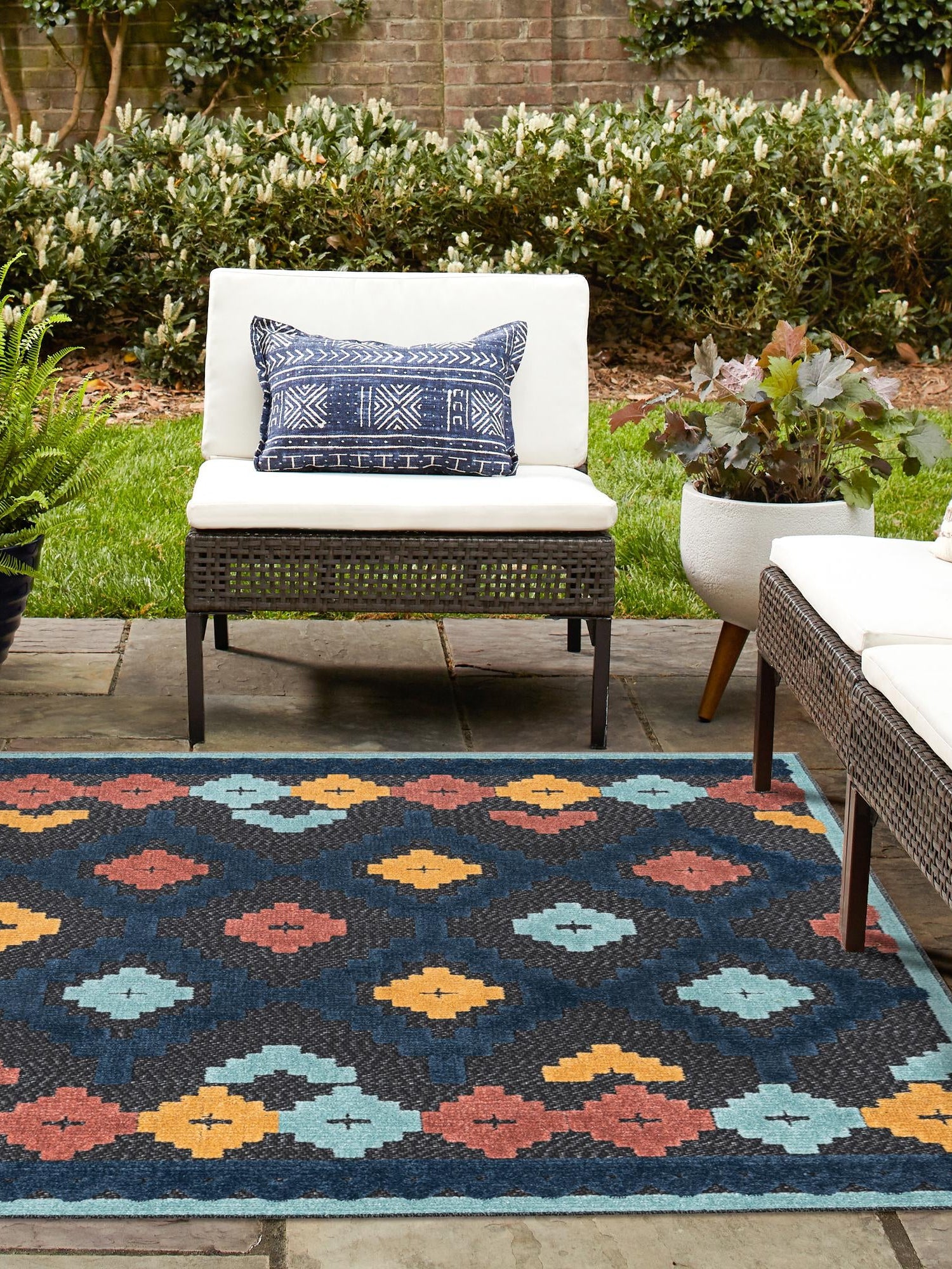 Charcoal 7' 10 x 7' 10 Belize Outdoor Square Area Rug Weather Resistant for Patio, Deck, Terrace, Balcony, Porch 100% Polypropylene Colorful Fun Coastal Modern Carpet for Outside for Sale at Rug Engine