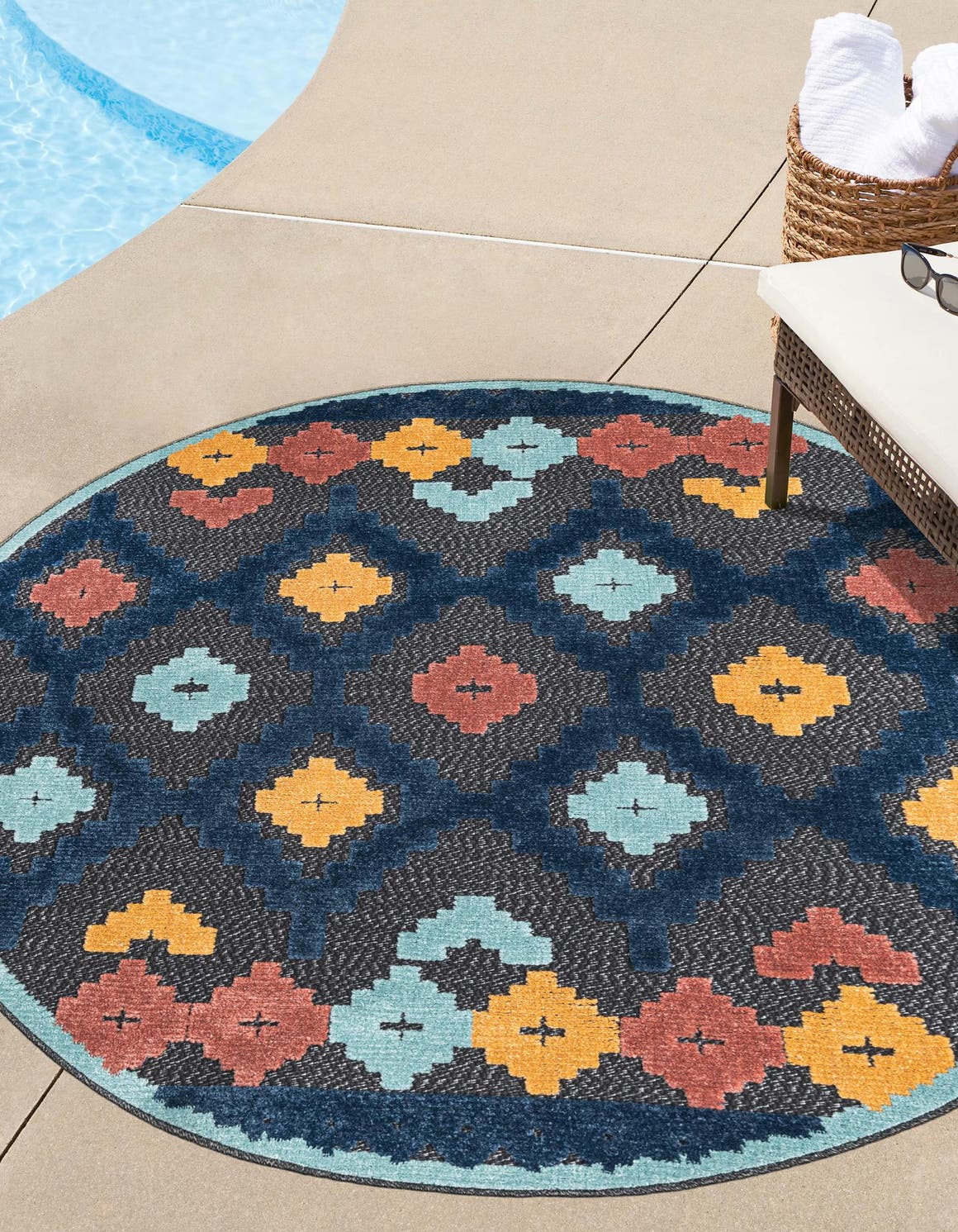 Charcoal 5' 3 x 5' 3 Belize Outdoor Round Area Rug Weather Resistant for Patio, Deck, Terrace, Balcony, Porch 100% Polypropylene Colorful Fun Coastal Modern Carpet for Outside for Sale at Rug Engine