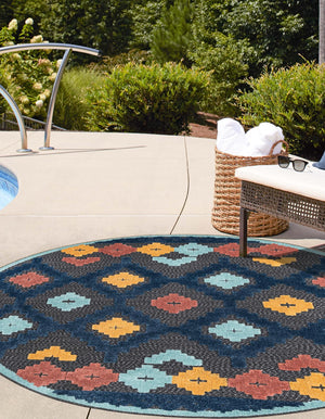 Charcoal 5' 3 x 5' 3 Belize Outdoor Round Area Rug Weather Resistant for Patio, Deck, Terrace, Balcony, Porch 100% Polypropylene Colorful Fun Coastal Modern Carpet for Outside for Sale at Rug Engine