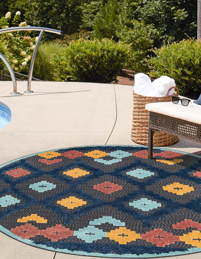 Charcoal 5' 3 x 5' 3 Belize Outdoor Round Area Rug Weather Resistant for Patio, Deck, Terrace, Balcony, Porch 100% Polypropylene Colorful Fun Coastal Modern Carpet for Outside for Sale at Rug Engine
