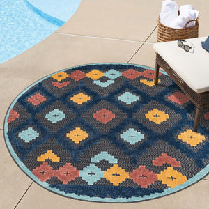 Charcoal 3' 3 x 3' 3 Belize Outdoor Round Area Rug Weather Resistant for Patio, Deck, Terrace, Balcony, Porch 100% Polypropylene Colorful Fun Coastal Modern Carpet for Outside for Sale at Rug Engine