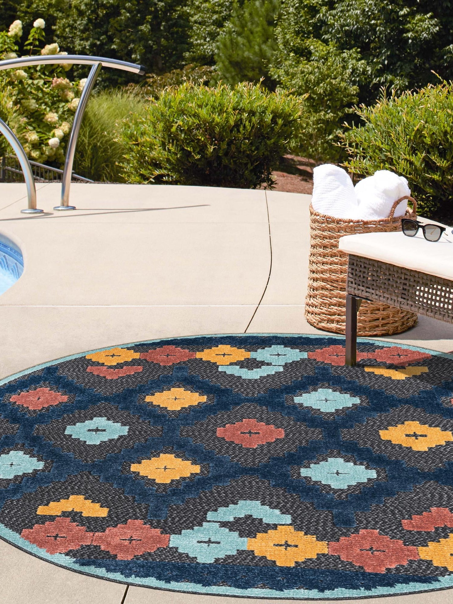 Charcoal 3' 3 x 3' 3 Belize Outdoor Round Area Rug Weather Resistant for Patio, Deck, Terrace, Balcony, Porch 100% Polypropylene Colorful Fun Coastal Modern Carpet for Outside for Sale at Rug Engine