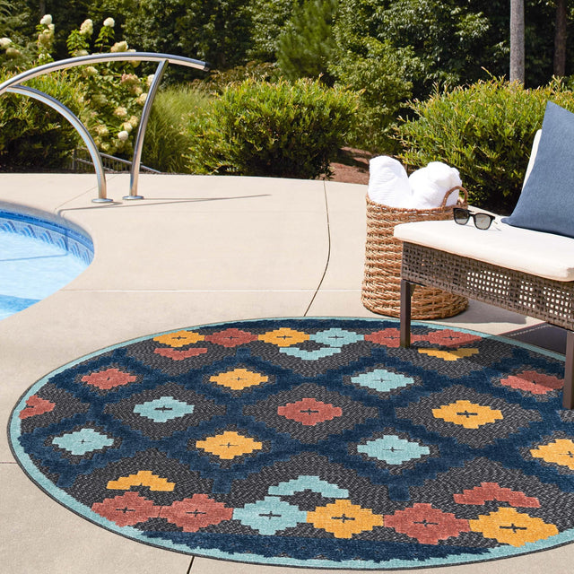 Charcoal 3' 3 x 3' 3 Belize Outdoor Round Area Rug Weather Resistant for Patio, Deck, Terrace, Balcony, Porch 100% Polypropylene Colorful Fun Coastal Modern Carpet for Outside for Sale at Rug Engine