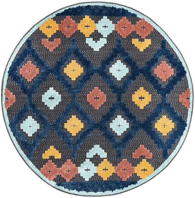 Charcoal 5' 3 x 5' 3 Belize Outdoor Round Area Rug Weather Resistant for Patio, Deck, Terrace, Balcony, Porch 100% Polypropylene Colorful Fun Coastal Modern Carpet for Outside for Sale at Rug Engine