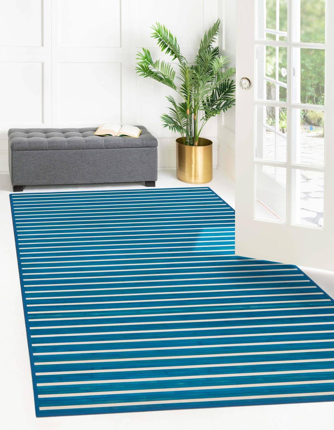 Blue White 7' 10 x 10' Bamboo Rectangle Area Rug 100% Natural Bamboo Eco-Friendly Affordable & Durable Unique Carpet Mat Living Dining Room Bedroom Office Meditation Room for Sale at Rug Engine