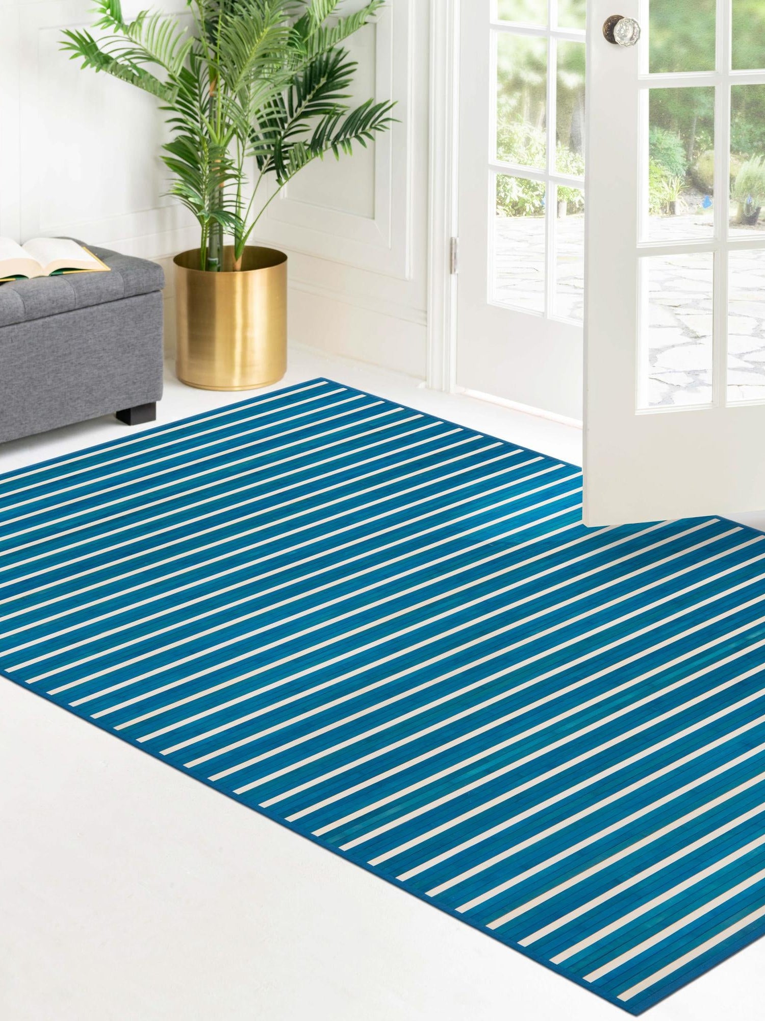 Blue White 7' 10 x 10' Bamboo Rectangle Area Rug 100% Natural Bamboo Eco-Friendly Affordable & Durable Unique Carpet Mat Living Dining Room Bedroom Office Meditation Room for Sale at Rug Engine