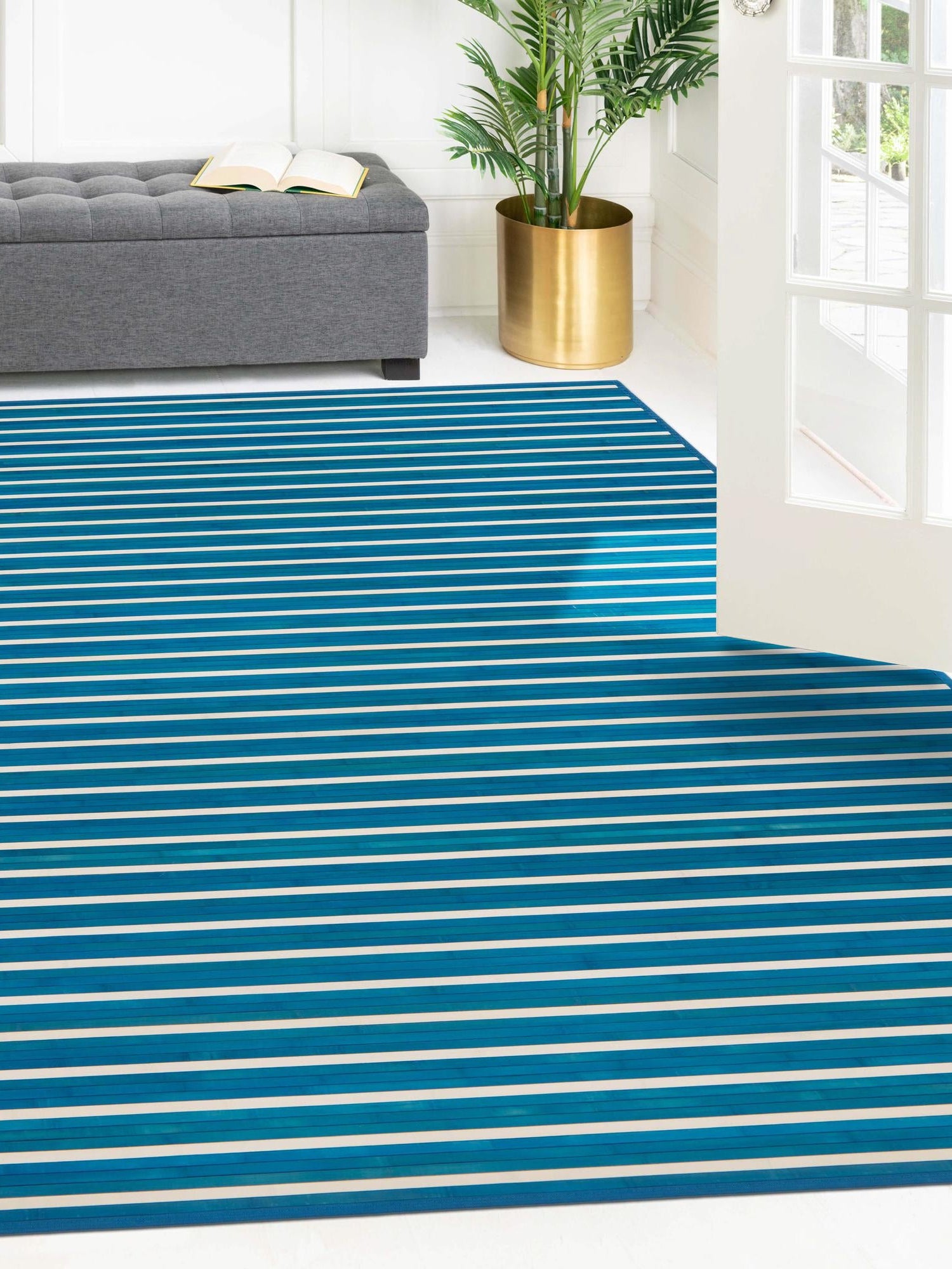 Blue White 6' x 9' Bamboo Rectangle Area Rug 100% Natural Bamboo Eco-Friendly Affordable & Durable Unique Carpet Mat Living Dining Room Bedroom Office Meditation Room for Sale at Rug Engine