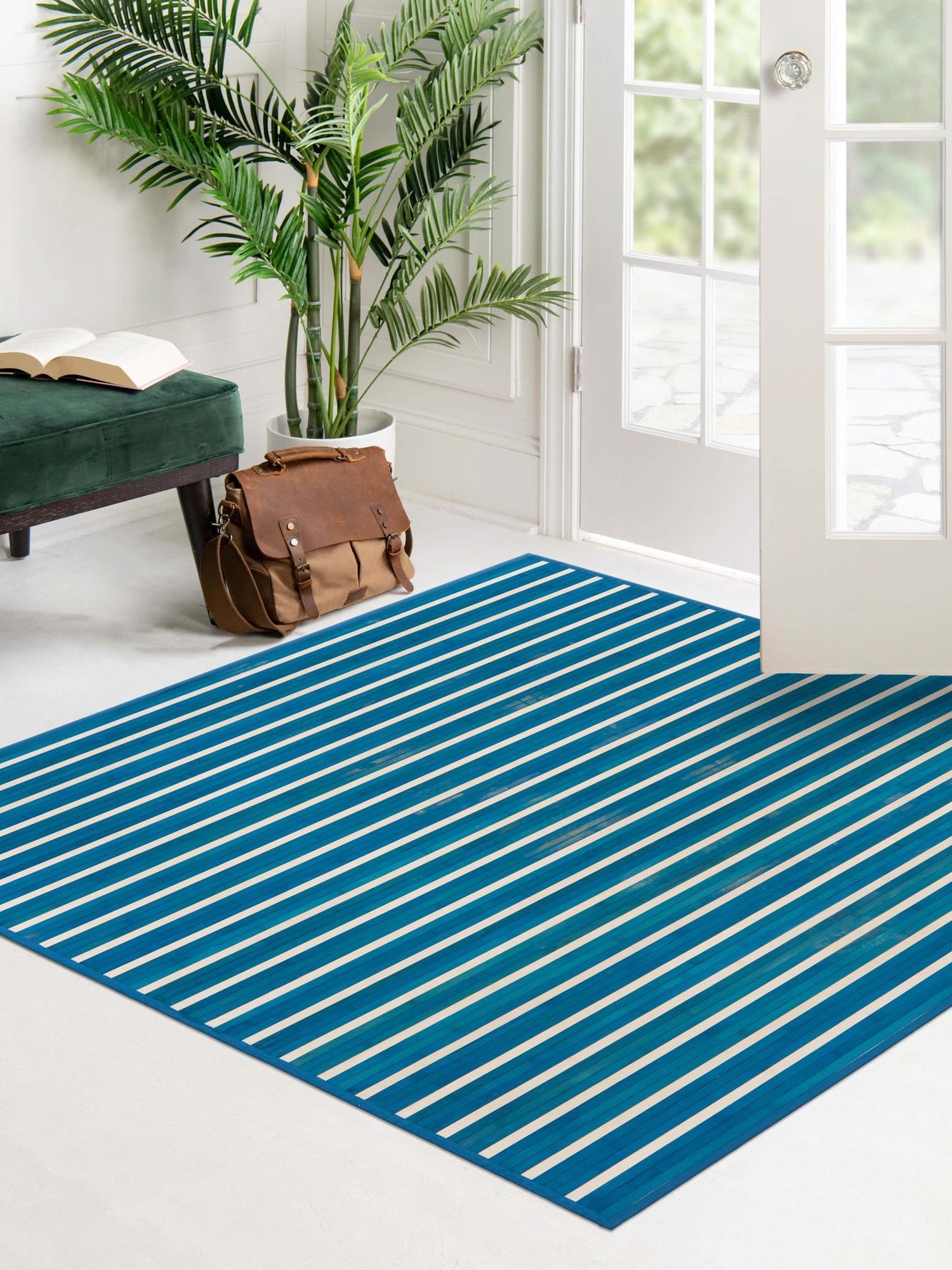 Blue White 5' 3 x 5' 3 Bamboo Square Area Rug 100% Natural Bamboo Eco-Friendly Affordable & Durable Unique Carpet Mat Living Dining Room Bedroom Office Meditation Room for Sale at Rug Engine