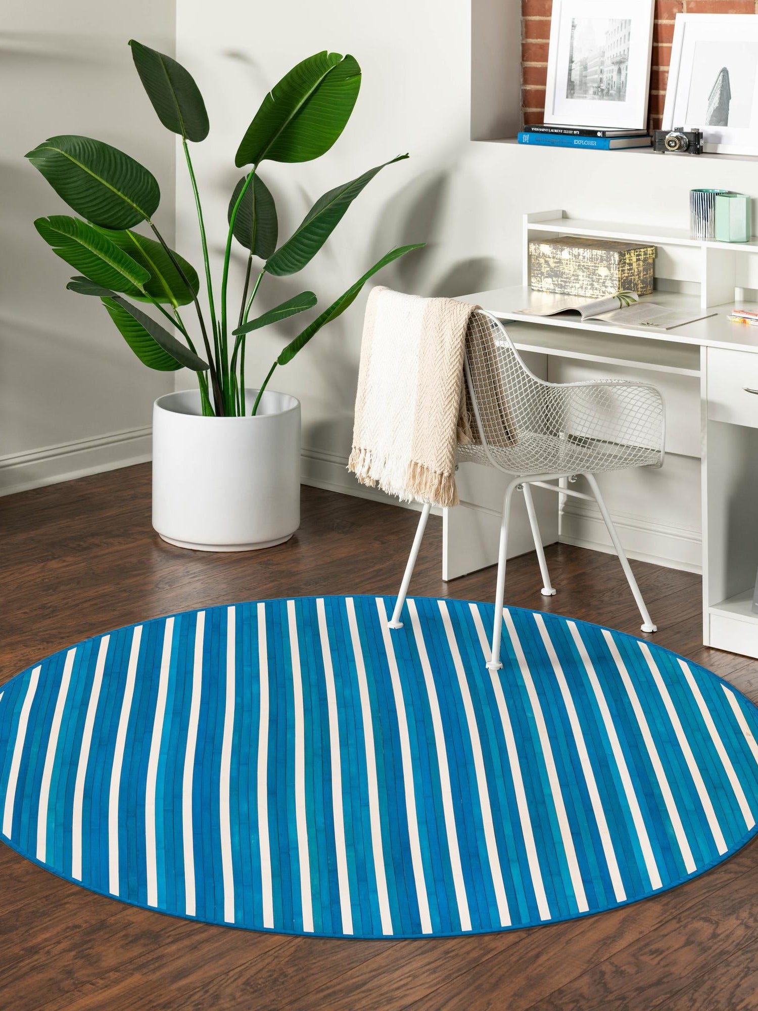Blue White 5' 3 x 5' 3 Bamboo Round Area Rug 100% Natural Bamboo Eco-Friendly Affordable & Durable Unique Carpet Mat Living Dining Room Bedroom Office Meditation Room for Sale at Rug Engine