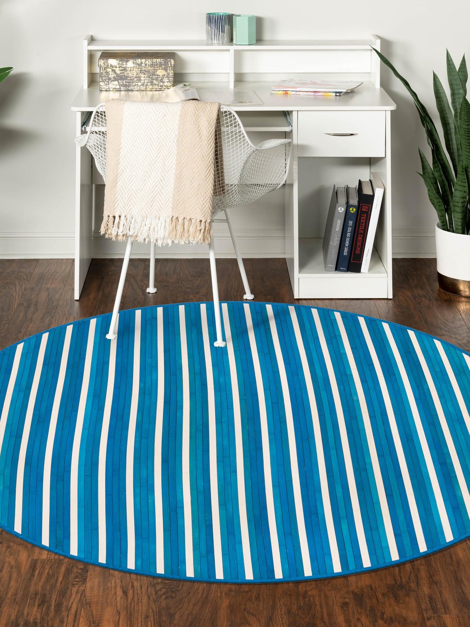 Blue White 5' 3 x 5' 3 Bamboo Round Area Rug 100% Natural Bamboo Eco-Friendly Affordable & Durable Unique Carpet Mat Living Dining Room Bedroom Office Meditation Room for Sale at Rug Engine