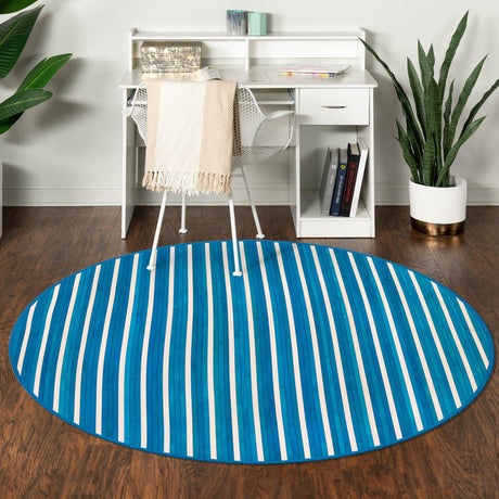 Blue White 5' 3 x 5' 3 Bamboo Round Area Rug 100% Natural Bamboo Eco-Friendly Affordable & Durable Unique Carpet Mat Living Dining Room Bedroom Office Meditation Room for Sale at Rug Engine