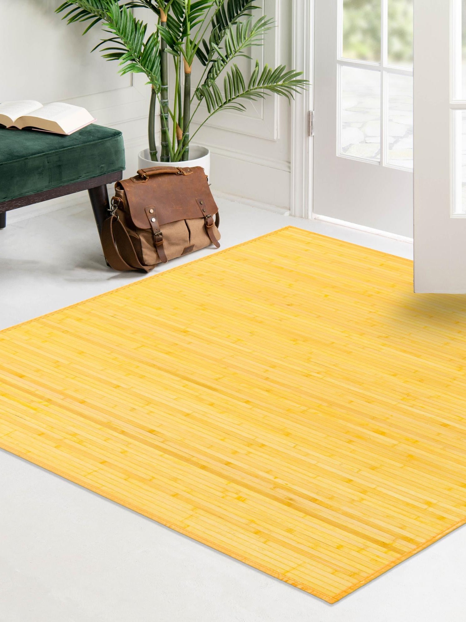 Yellow 5' 3 x 5' 3 Bamboo Square Area Rug 100% Natural Bamboo Eco-Friendly Affordable & Durable Unique Carpet Mat Living Dining Room Bedroom Office Meditation Room for Sale at Rug Engine