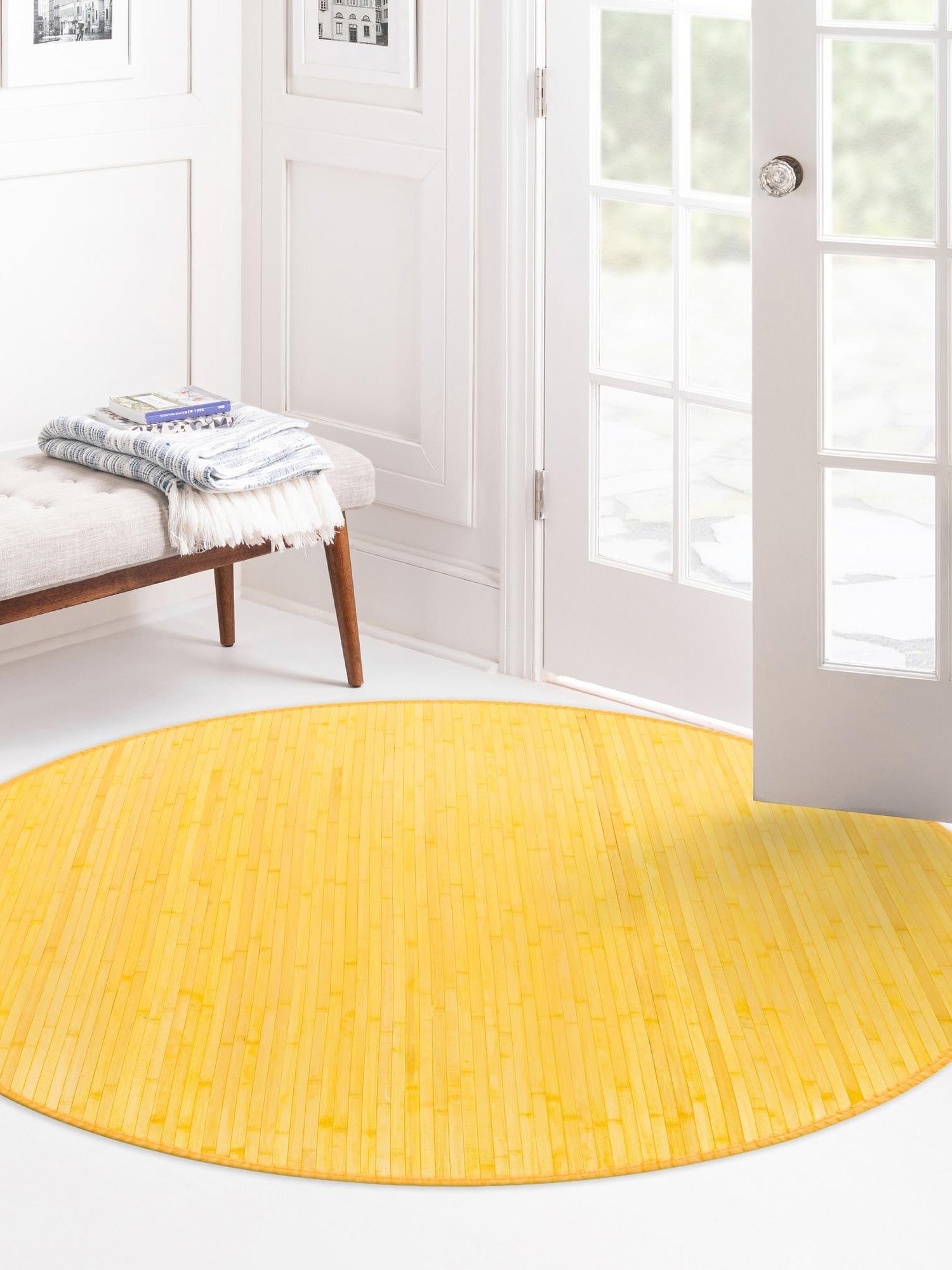Yellow 5' 3 x 5' 3 Bamboo Round Area Rug 100% Natural Bamboo Eco-Friendly Affordable & Durable Unique Carpet Mat Living Dining Room Bedroom Office Meditation Room for Sale at Rug Engine