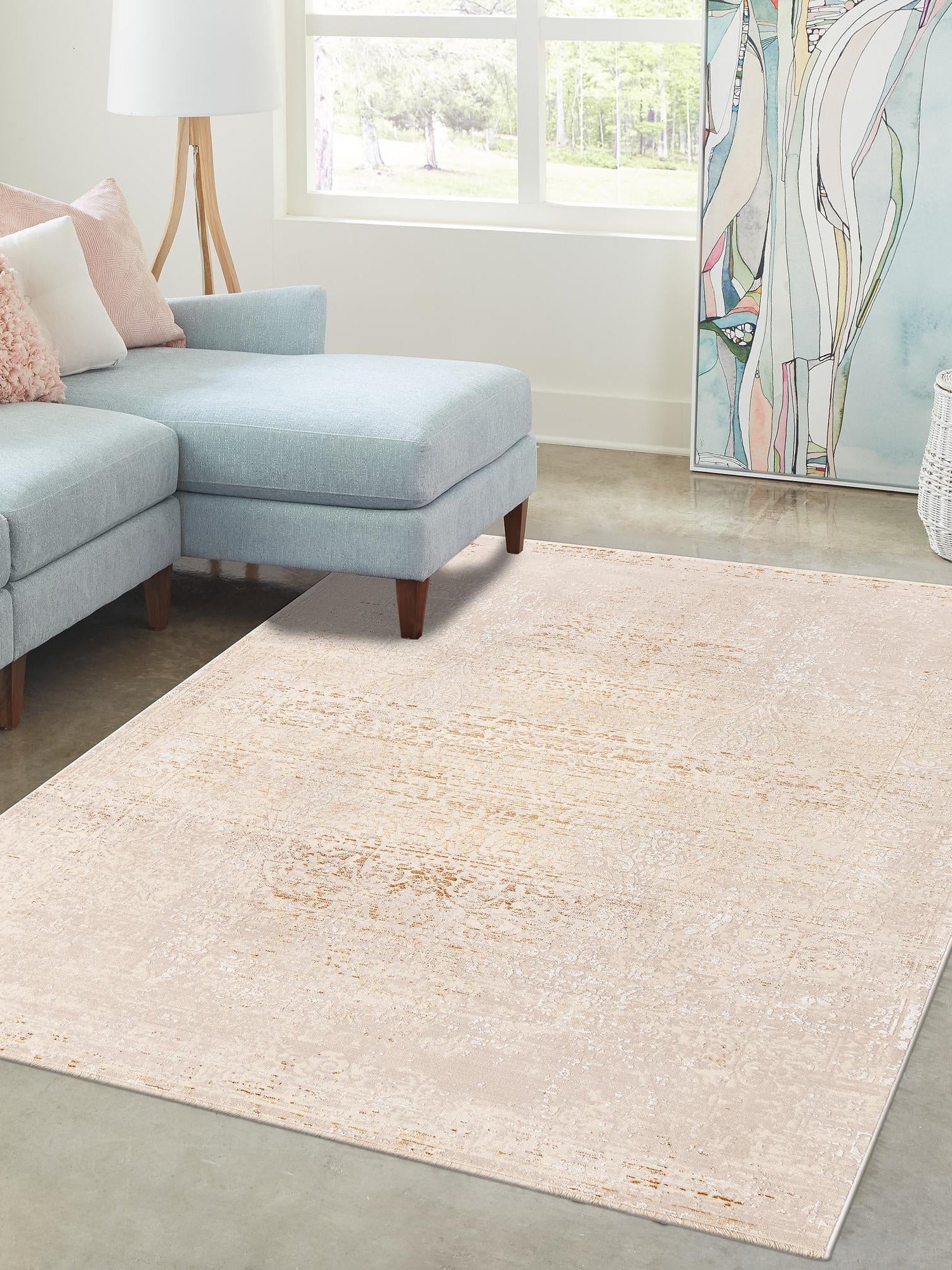 Ivory and Gold 4' x 5' 10 Deepa Rectangle Area Rug 100% Polyester Colorful Modern Contemporary Carpet for Home Decorating Living, Dining, Office & Bedrooms for Sale at Rug Engine