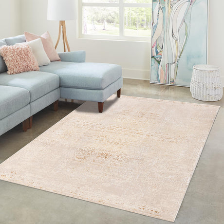 Ivory and Gold 6' x 8' 9 Deepa Rectangle Area Rug 100% Polyester Colorful Modern Contemporary Carpet for Home Decorating Living, Dining, Office & Bedrooms for Sale at Rug Engine