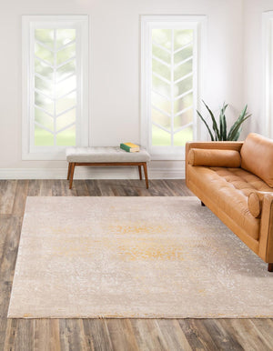 Ivory and Gold 7' 10 x 7' 10 Deepa Square Area Rug 100% Polyester Colorful Modern Contemporary Carpet for Home Decorating Living, Dining, Office & Bedrooms for Sale at Rug Engine