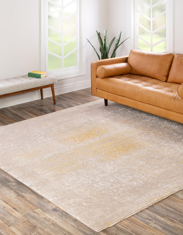 Ivory and Gold 7' 10 x 7' 10 Deepa Square Area Rug 100% Polyester Colorful Modern Contemporary Carpet for Home Decorating Living, Dining, Office & Bedrooms for Sale at Rug Engine
