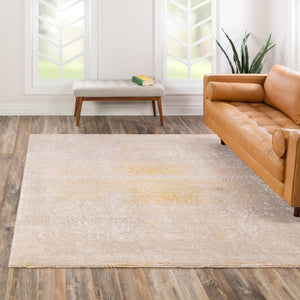 Ivory and Gold 7' 10 x 7' 10 Deepa Square Area Rug 100% Polyester Colorful Modern Contemporary Carpet for Home Decorating Living, Dining, Office & Bedrooms for Sale at Rug Engine