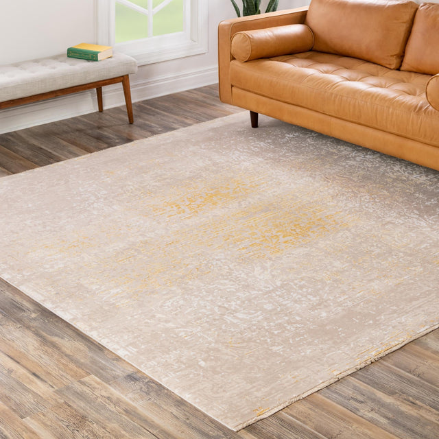 Ivory and Gold 7' 10 x 7' 10 Deepa Square Area Rug 100% Polyester Colorful Modern Contemporary Carpet for Home Decorating Living, Dining, Office & Bedrooms for Sale at Rug Engine