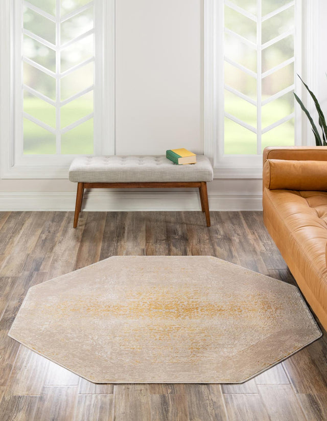 Ivory and Gold 7' 10 x 7' 10 Deepa Octagon Area Rug 100% Polyester Colorful Modern Contemporary Carpet for Home Decorating Living, Dining, Office & Bedrooms for Sale at Rug Engine