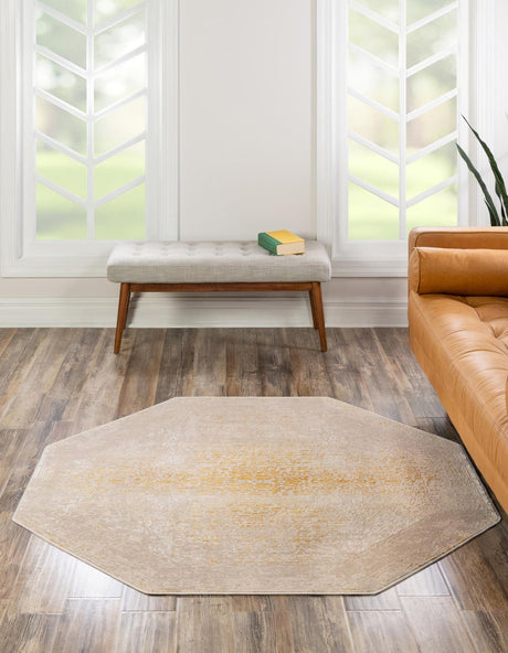 Ivory and Gold 5' 3 x 5' 3 Deepa Octagon Area Rug 100% Polyester Colorful Modern Contemporary Carpet for Home Decorating Living, Dining, Office & Bedrooms for Sale at Rug Engine