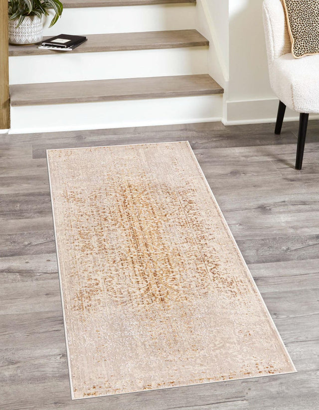 Ivory and Gold 2' 6 x 12' Deepa Runner Area Rug 100% Polyester Colorful Modern Contemporary Carpet for Home Decorating Living, Dining, Office & Bedrooms for Sale at Rug Engine