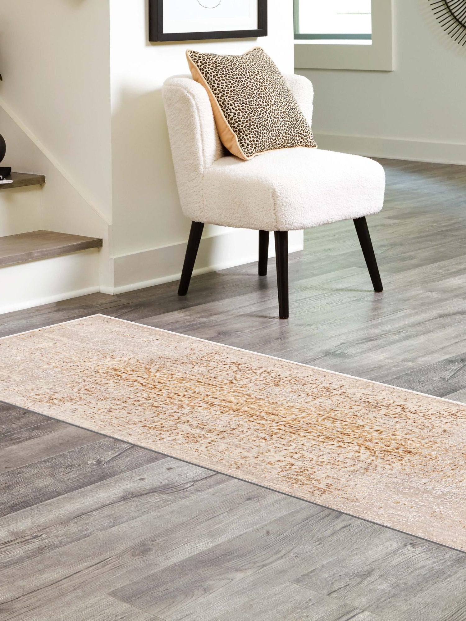 Ivory and Gold 2' x 6' Deepa Runner Area Rug 100% Polyester Colorful Modern Contemporary Carpet for Home Decorating Living, Dining, Office & Bedrooms for Sale at Rug Engine