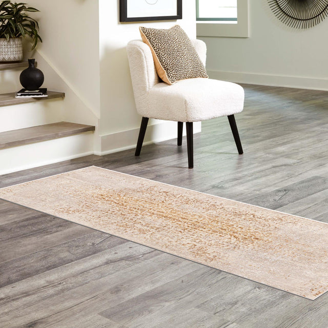 Ivory and Gold 2' x 6' Deepa Runner Area Rug 100% Polyester Colorful Modern Contemporary Carpet for Home Decorating Living, Dining, Office & Bedrooms for Sale at Rug Engine