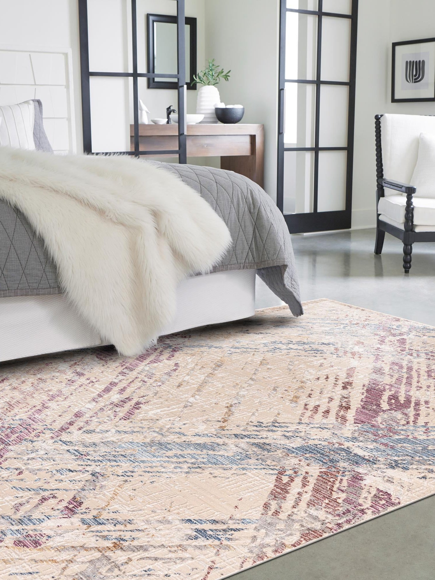 Ivory and Gray 7' 10 x 9' 8 Deepa Rectangle Area Rug 100% Polyester Colorful Modern Contemporary Carpet for Home Decorating Living, Dining, Office & Bedrooms for Sale at Rug Engine
