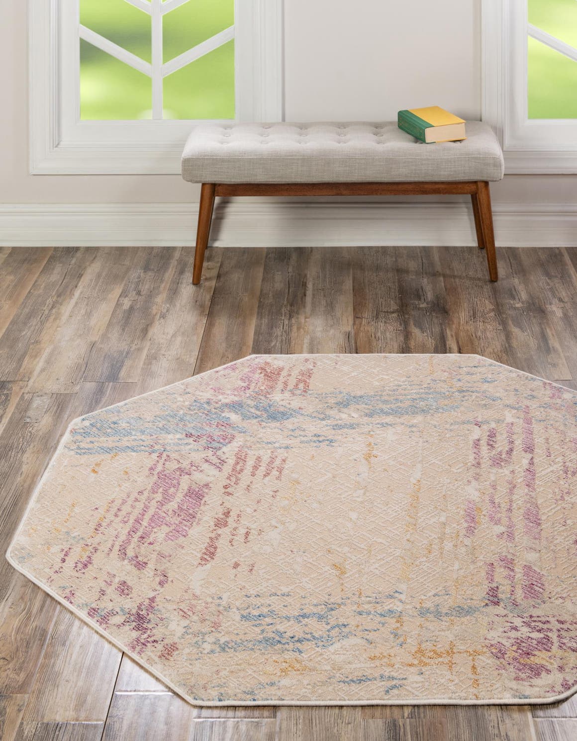 Ivory and Gray 7' 10 x 7' 10 Deepa Octagon Area Rug 100% Polyester Colorful Modern Contemporary Carpet for Home Decorating Living, Dining, Office & Bedrooms for Sale at Rug Engine