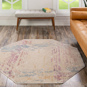 Ivory and Gray 5' 3 x 5' 3 Deepa Octagon Area Rug 100% Polyester Colorful Modern Contemporary Carpet for Home Decorating Living, Dining, Office & Bedrooms for Sale at Rug Engine