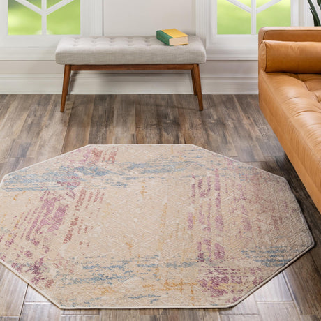 Ivory and Gray 5' 3 x 5' 3 Deepa Octagon Area Rug 100% Polyester Colorful Modern Contemporary Carpet for Home Decorating Living, Dining, Office & Bedrooms for Sale at Rug Engine