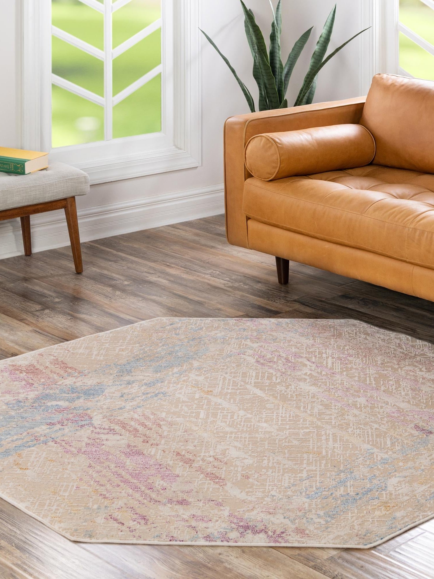 Ivory and Gray 5' 3 x 5' 3 Deepa Octagon Area Rug 100% Polyester Colorful Modern Contemporary Carpet for Home Decorating Living, Dining, Office & Bedrooms for Sale at Rug Engine