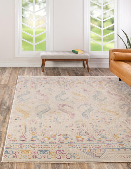 Ivory 7' 10 x 7' 10 Deepa Square Area Rug 100% Polyester Colorful Modern Contemporary Carpet for Home Decorating Living, Dining, Office & Bedrooms for Sale at Rug Engine