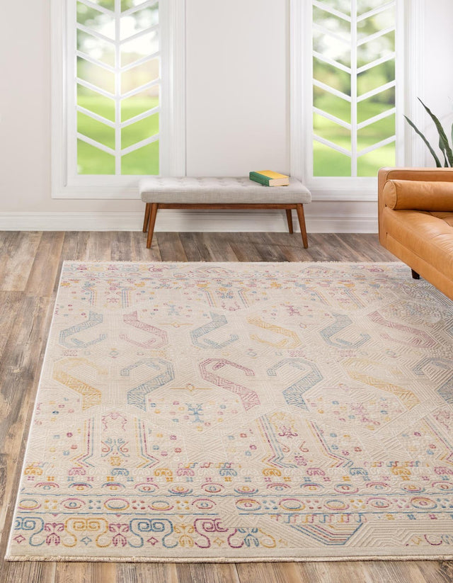 Ivory 7' 10 x 7' 10 Deepa Square Area Rug 100% Polyester Colorful Modern Contemporary Carpet for Home Decorating Living, Dining, Office & Bedrooms for Sale at Rug Engine