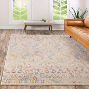 Ivory 7' 10 x 7' 10 Deepa Square Area Rug 100% Polyester Colorful Modern Contemporary Carpet for Home Decorating Living, Dining, Office & Bedrooms for Sale at Rug Engine