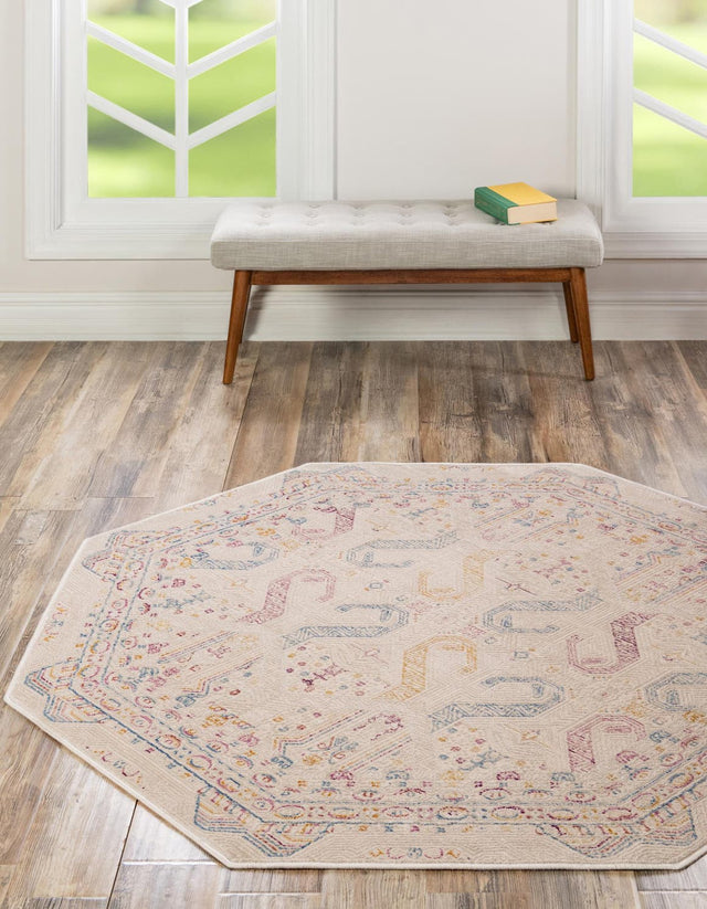 Ivory 7' 10 x 7' 10 Deepa Octagon Area Rug 100% Polyester Colorful Modern Contemporary Carpet for Home Decorating Living, Dining, Office & Bedrooms for Sale at Rug Engine