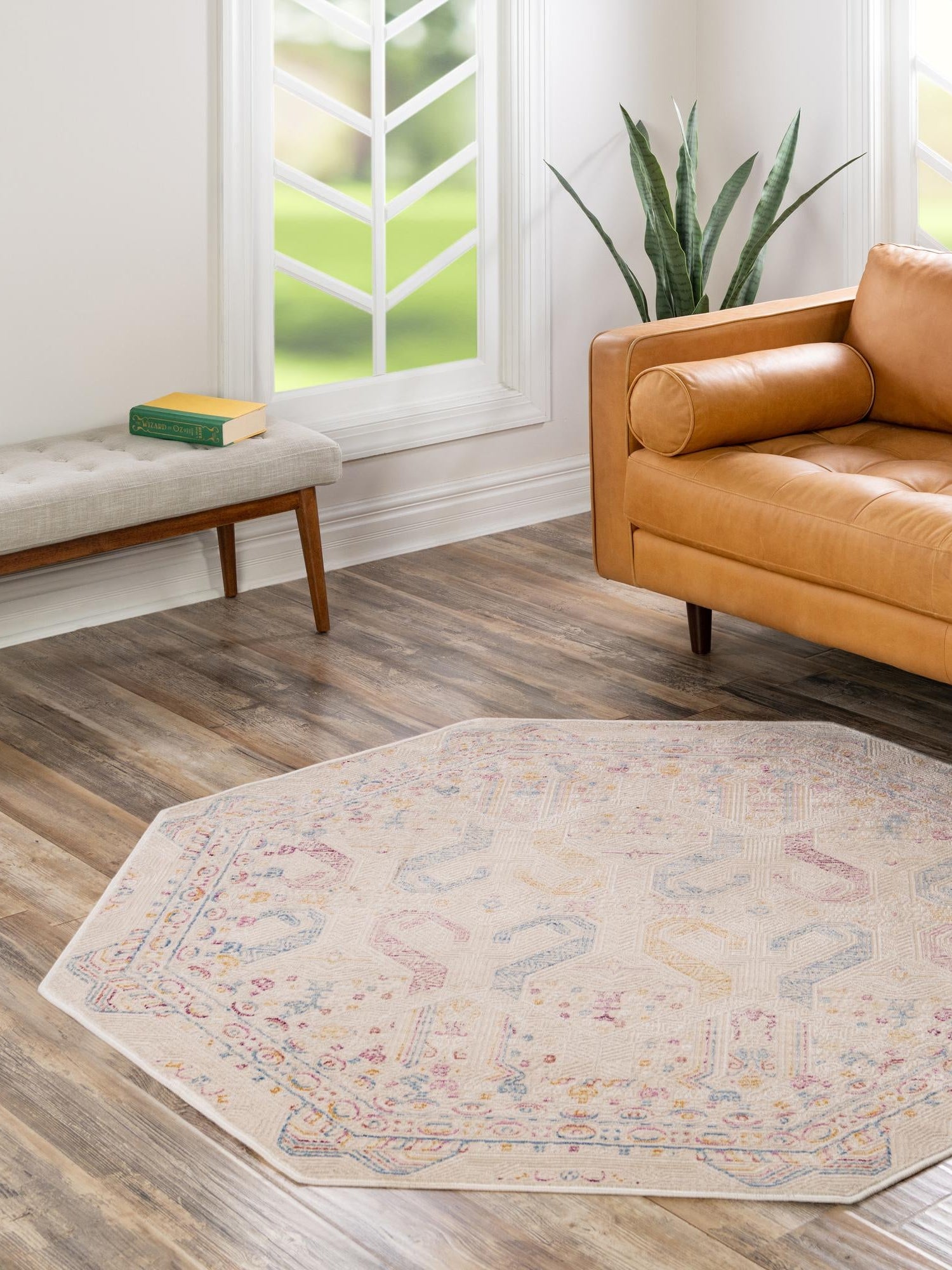 Ivory 5' 3 x 5' 3 Deepa Octagon Area Rug 100% Polyester Colorful Modern Contemporary Carpet for Home Decorating Living, Dining, Office & Bedrooms for Sale at Rug Engine