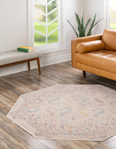 Ivory 5' 3 x 5' 3 Deepa Octagon Area Rug 100% Polyester Colorful Modern Contemporary Carpet for Home Decorating Living, Dining, Office & Bedrooms for Sale at Rug Engine