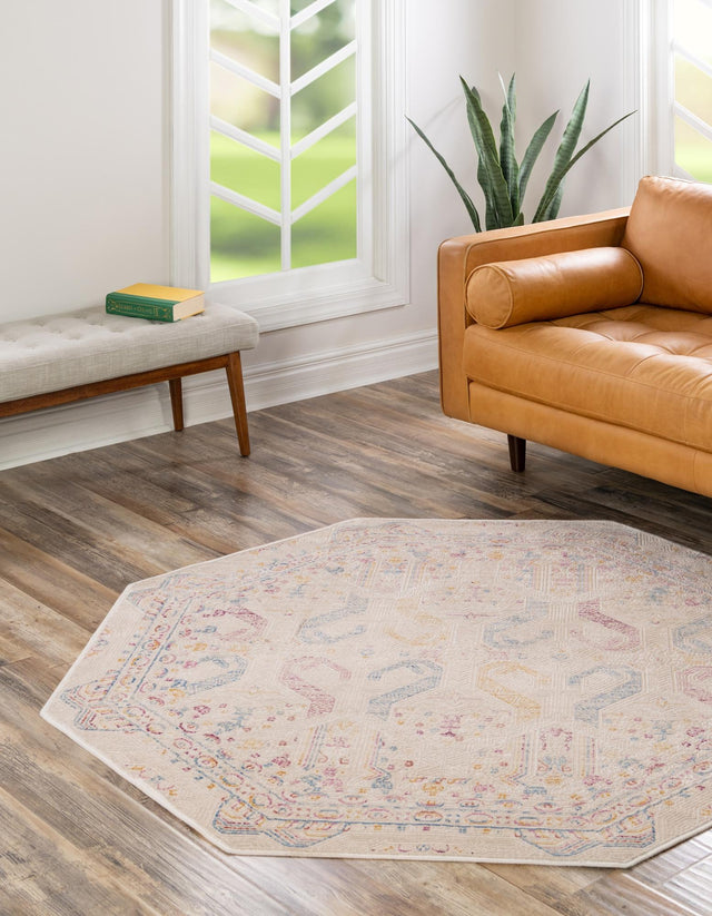 Ivory 5' 3 x 5' 3 Deepa Octagon Area Rug 100% Polyester Colorful Modern Contemporary Carpet for Home Decorating Living, Dining, Office & Bedrooms for Sale at Rug Engine