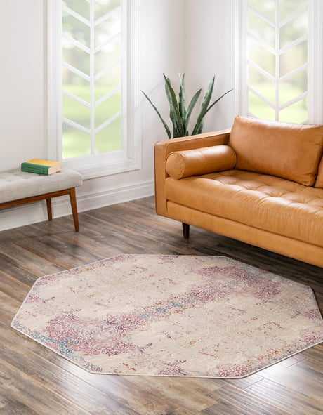 Ivory 5' 3 x 5' 3 Deepa Octagon Area Rug 100% Polyester Colorful Modern Contemporary Carpet for Home Decorating Living, Dining, Office & Bedrooms for Sale at Rug Engine