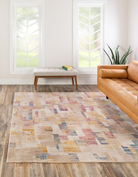 Ivory 7' 10 x 7' 10 Deepa Square Area Rug 100% Polyester Colorful Modern Contemporary Carpet for Home Decorating Living, Dining, Office & Bedrooms for Sale at Rug Engine