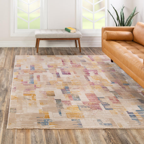 Ivory 7' 10 x 7' 10 Deepa Square Area Rug 100% Polyester Colorful Modern Contemporary Carpet for Home Decorating Living, Dining, Office & Bedrooms for Sale at Rug Engine