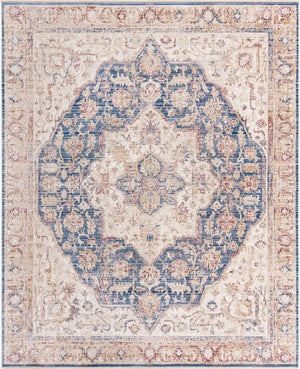 Blue Ivory 7' 10 x 9' 8 Deepa Rectangle Area Rug 100% Polyester Colorful Modern Contemporary Carpet for Home Decorating Living, Dining, Office & Bedrooms for Sale at Rug Engine