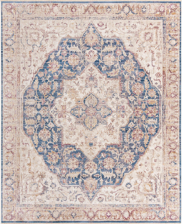 Blue Ivory 7' 10 x 9' 8 Deepa Rectangle Area Rug 100% Polyester Colorful Modern Contemporary Carpet for Home Decorating Living, Dining, Office & Bedrooms for Sale at Rug Engine