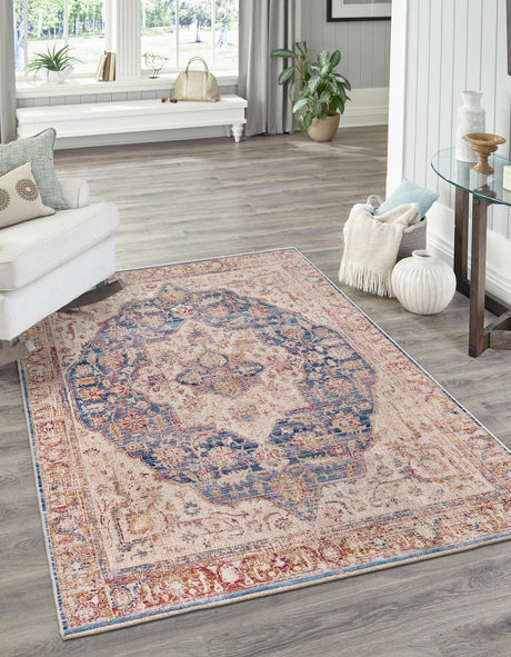 Blue Ivory 5' 3 x 7' 9 Deepa Rectangle Area Rug 100% Polyester Colorful Modern Contemporary Carpet for Home Decorating Living, Dining, Office & Bedrooms for Sale at Rug Engine