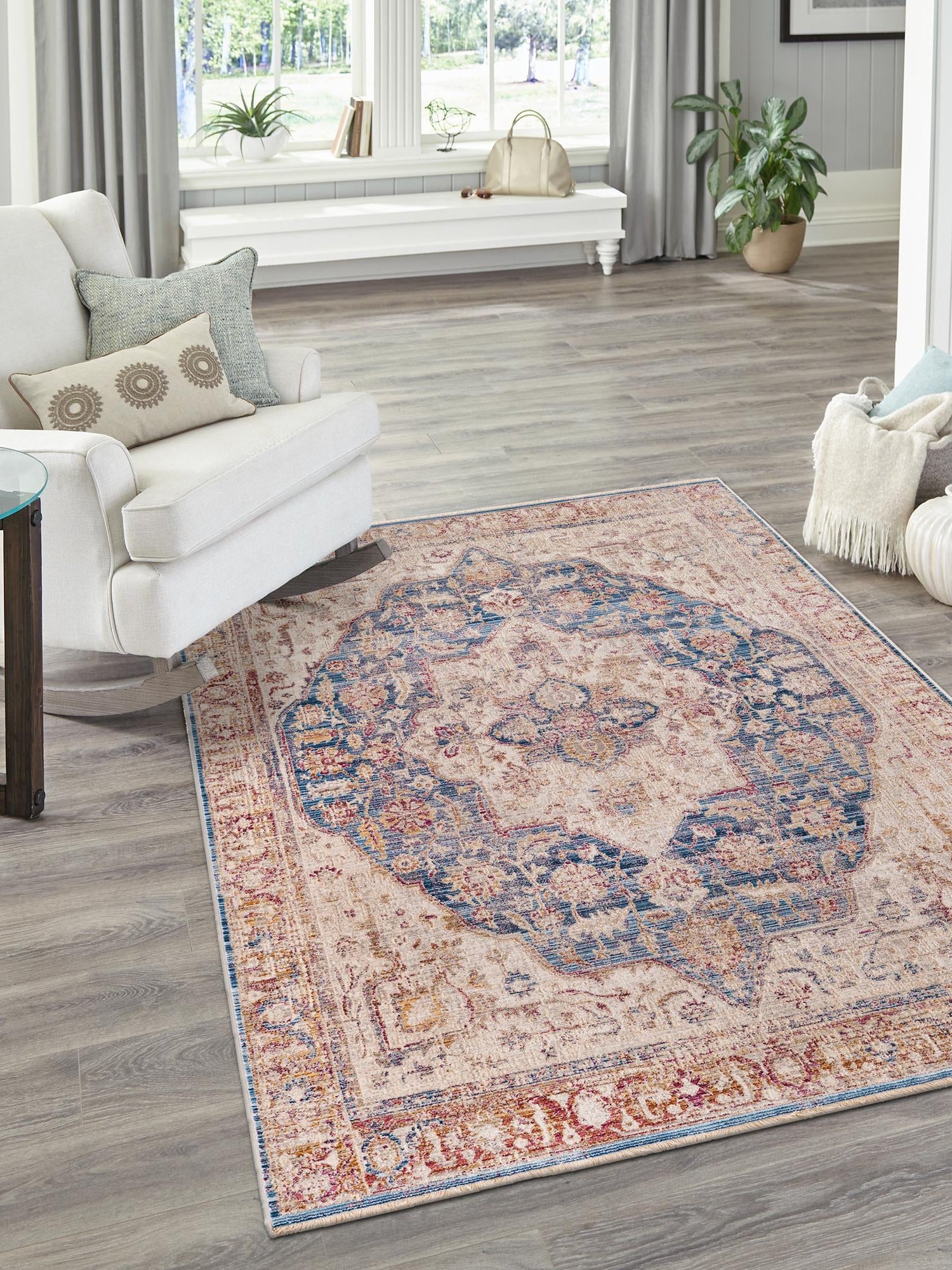 Blue Ivory 4' x 5' 10 Deepa Rectangle Area Rug 100% Polyester Colorful Modern Contemporary Carpet for Home Decorating Living, Dining, Office & Bedrooms for Sale at Rug Engine