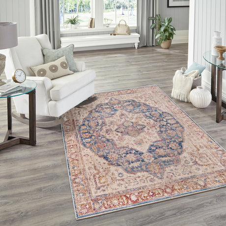 Blue Ivory 5' 3 x 7' 9 Deepa Rectangle Area Rug 100% Polyester Colorful Modern Contemporary Carpet for Home Decorating Living, Dining, Office & Bedrooms for Sale at Rug Engine